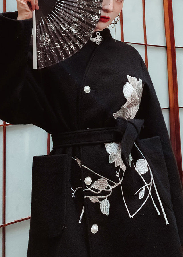 Black Stand Collar Embroideried Tie Waist Button Thick Woolen Long Trench Coat Winter