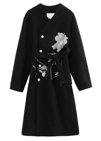 Black Stand Collar Embroideried Tie Waist Button Thick Woolen Long Trench Coat Winter