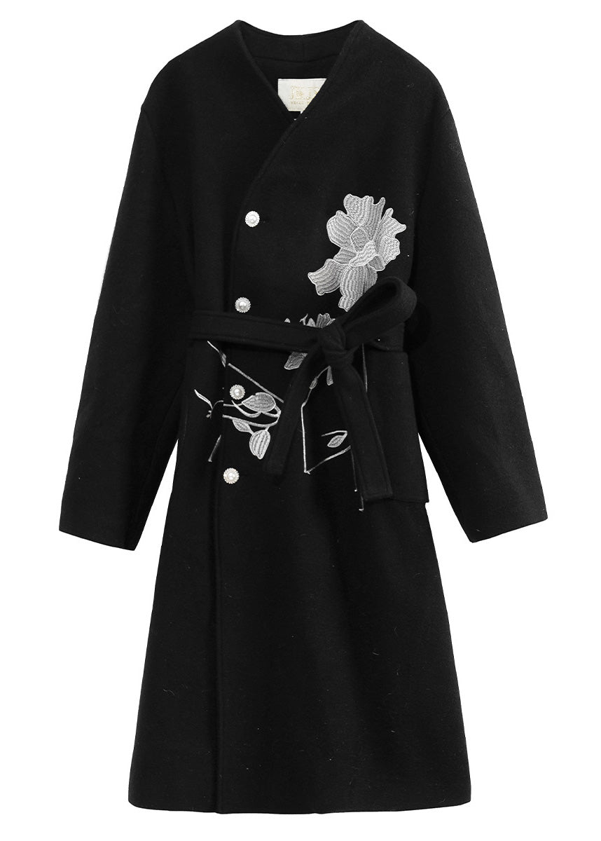 Black Stand Collar Embroideried Tie Waist Button Thick Woolen Long Trench Coat Winter