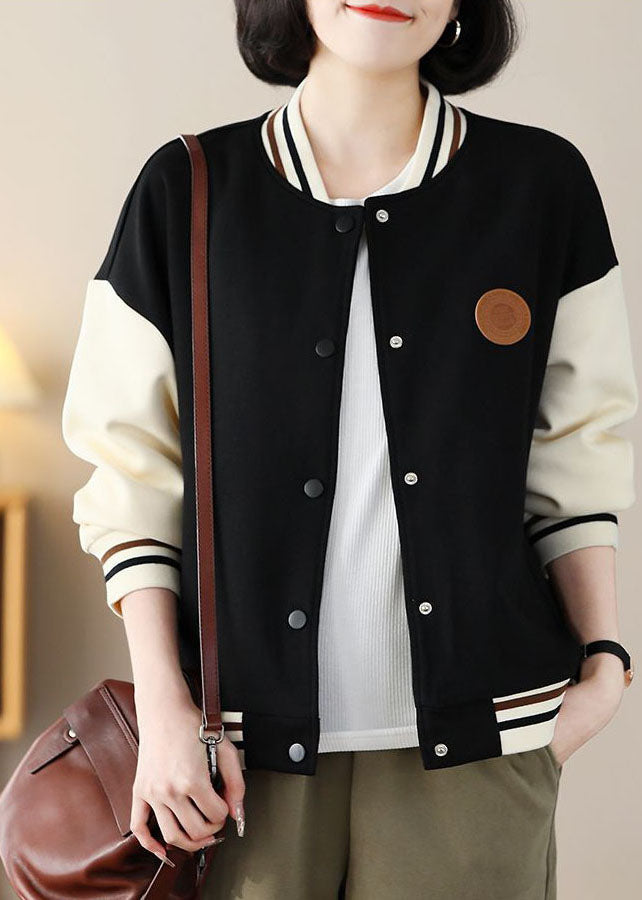 Black Stand Collar Oversized Patchwork Cotton Coats Spring