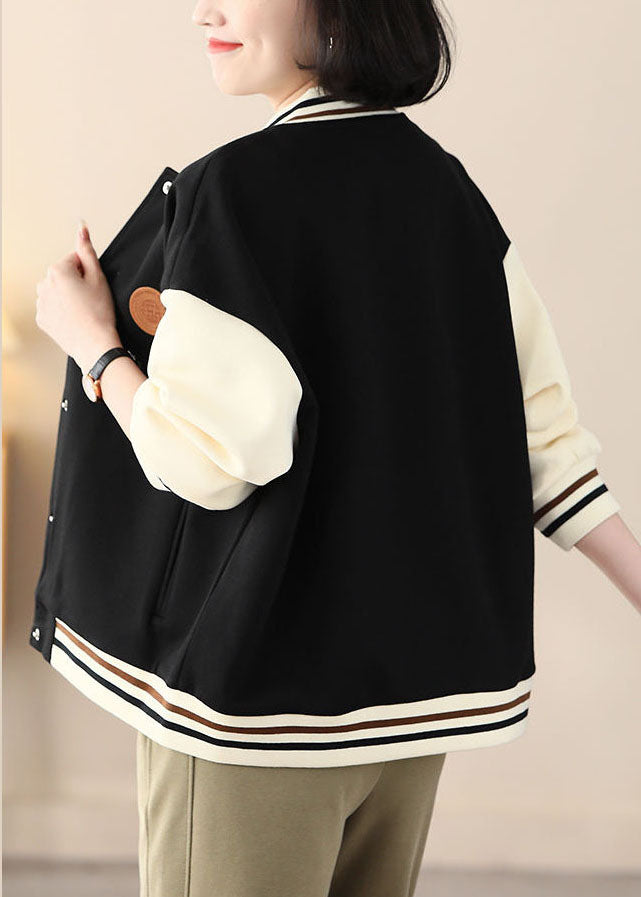 Black Stand Collar Oversized Patchwork Cotton Coats Spring