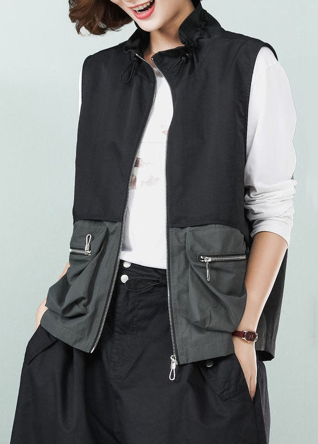 Black Stand Collar Patchwork Drawstring Cotton Vest Spring