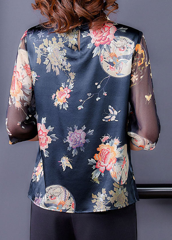 Black Stand Collar Patchwork Tulle Print Silk Shirts Half Sleeve