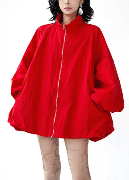 Black Stand Collar Pockets Trench Coats Lantern Sleeve