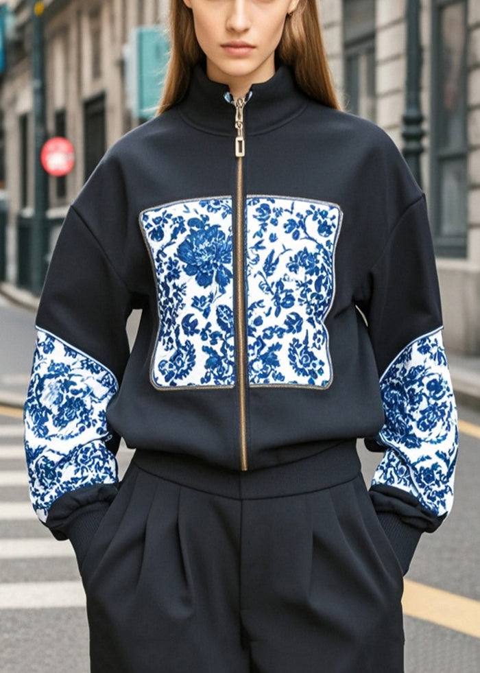 Black Stand Collar Print Cotton Jackets Fall