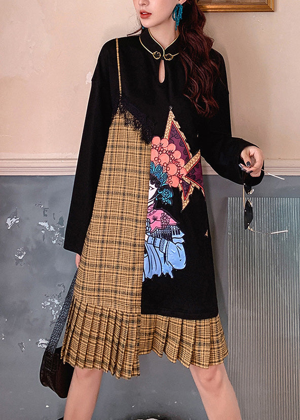 Black Stand Collar Print Patchwork Maxi Dress Long Sleeve