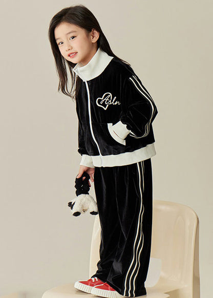 Black Stand Collar Silk Velour Kids Coats and Pants Two Pieces Set Spring