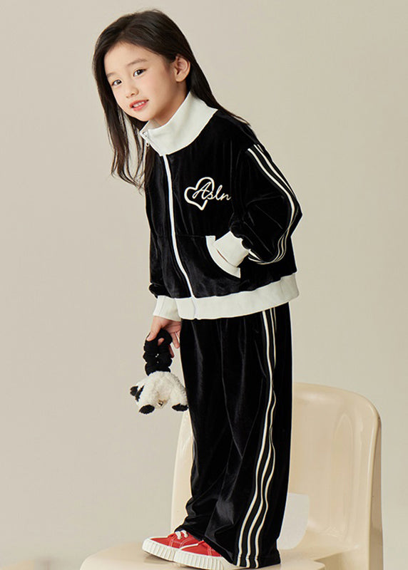 Black Stand Collar Silk Velour Kids Coats and Pants Two Pieces Set Spring