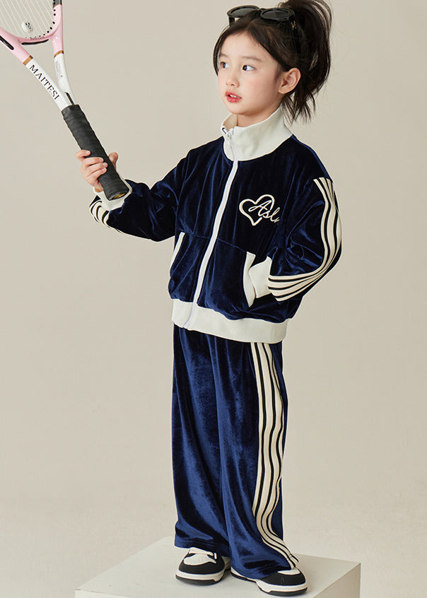 Black Stand Collar Silk Velour Kids Coats and Pants Two Pieces Set Spring