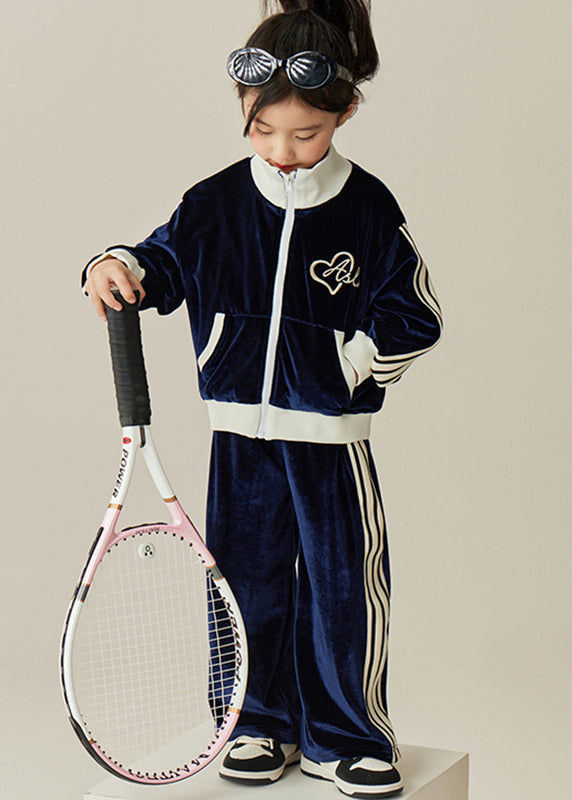 Black Stand Collar Silk Velour Kids Coats and Pants Two Pieces Set Spring