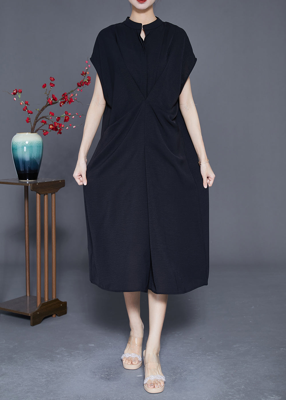 Black Stand Collar Wrinkled Spandex Long Dresses Summer