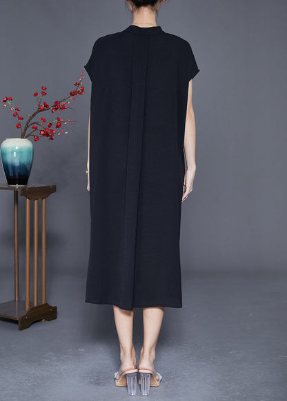 Black Stand Collar Wrinkled Spandex Long Dresses Summer