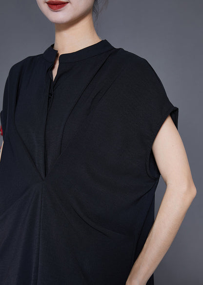 Black Stand Collar Wrinkled Spandex Long Dresses Summer