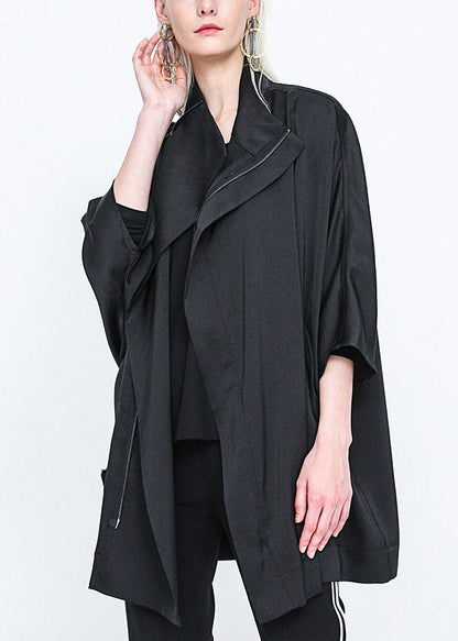 Black Stand Collar Zippered Batwing Trench Coats Long Sleeve