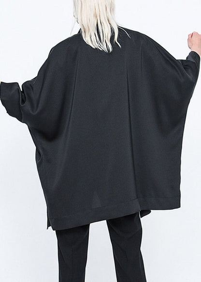 Black Stand Collar Zippered Batwing Trench Coats Long Sleeve