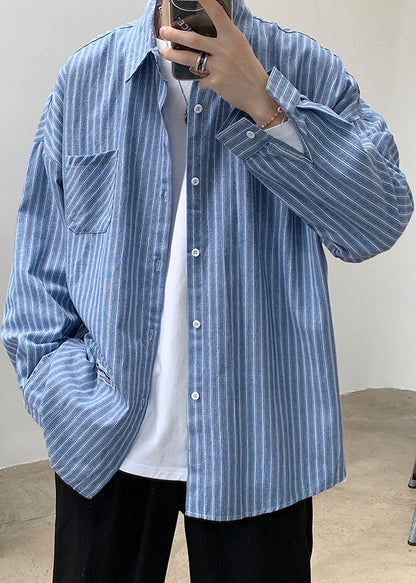 Casual Black Striped Button Pockets Cotton Men Shirts Spring