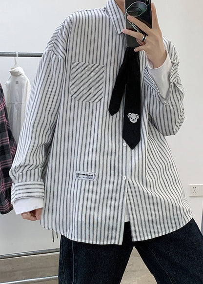 Casual Black Striped Button Pockets Cotton Men Shirts Spring