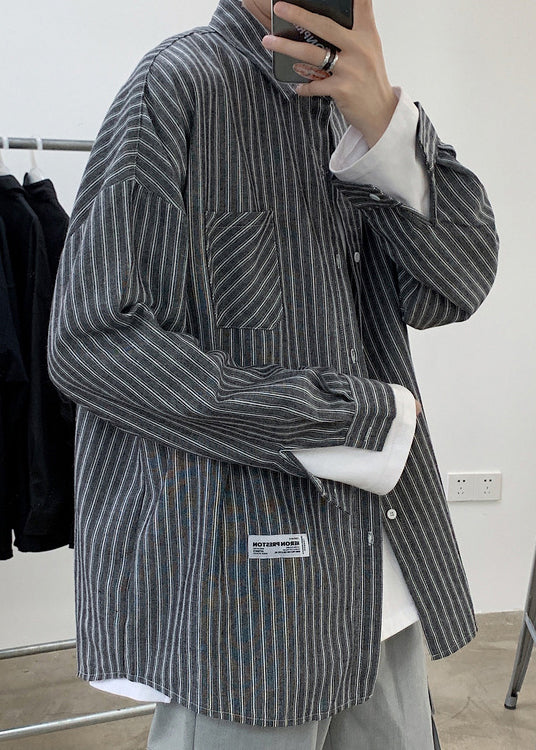 Casual Black Striped Button Pockets Cotton Men Shirts Spring