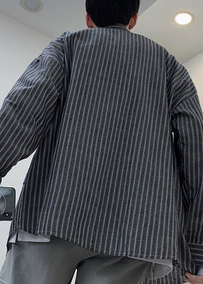Casual Black Striped Button Pockets Cotton Men Shirts Spring