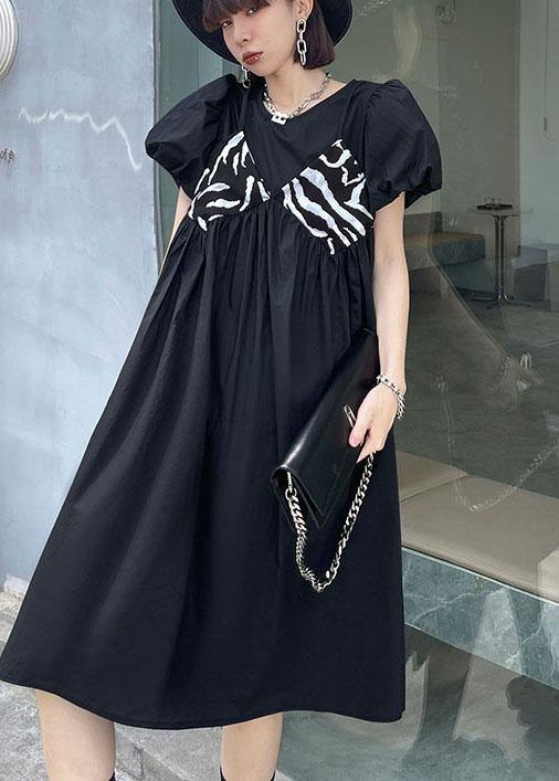 Black Striped Cotton O Neck Cinched Dress