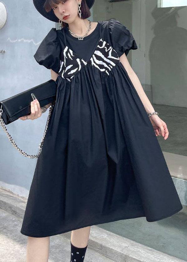 Black Striped Cotton O Neck Cinched Dress