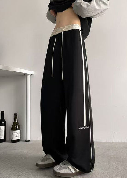 Black Striped Elastic Waist Cotton Wide Leg Pants Summer