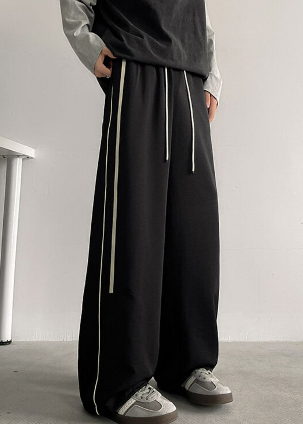 Black Striped Elastic Waist Cotton Wide Leg Pants Summer