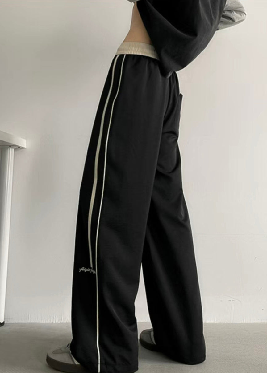 Black Striped Elastic Waist Cotton Wide Leg Pants Summer