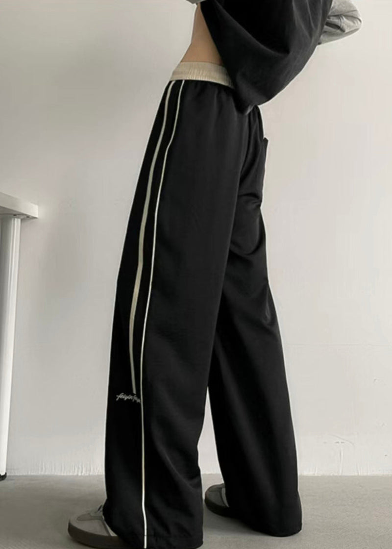 Black Striped Elastic Waist Cotton Wide Leg Pants Summer