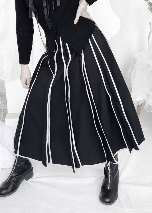 Black Striped Patchwork Elastic Waist a Line Skirt Fall