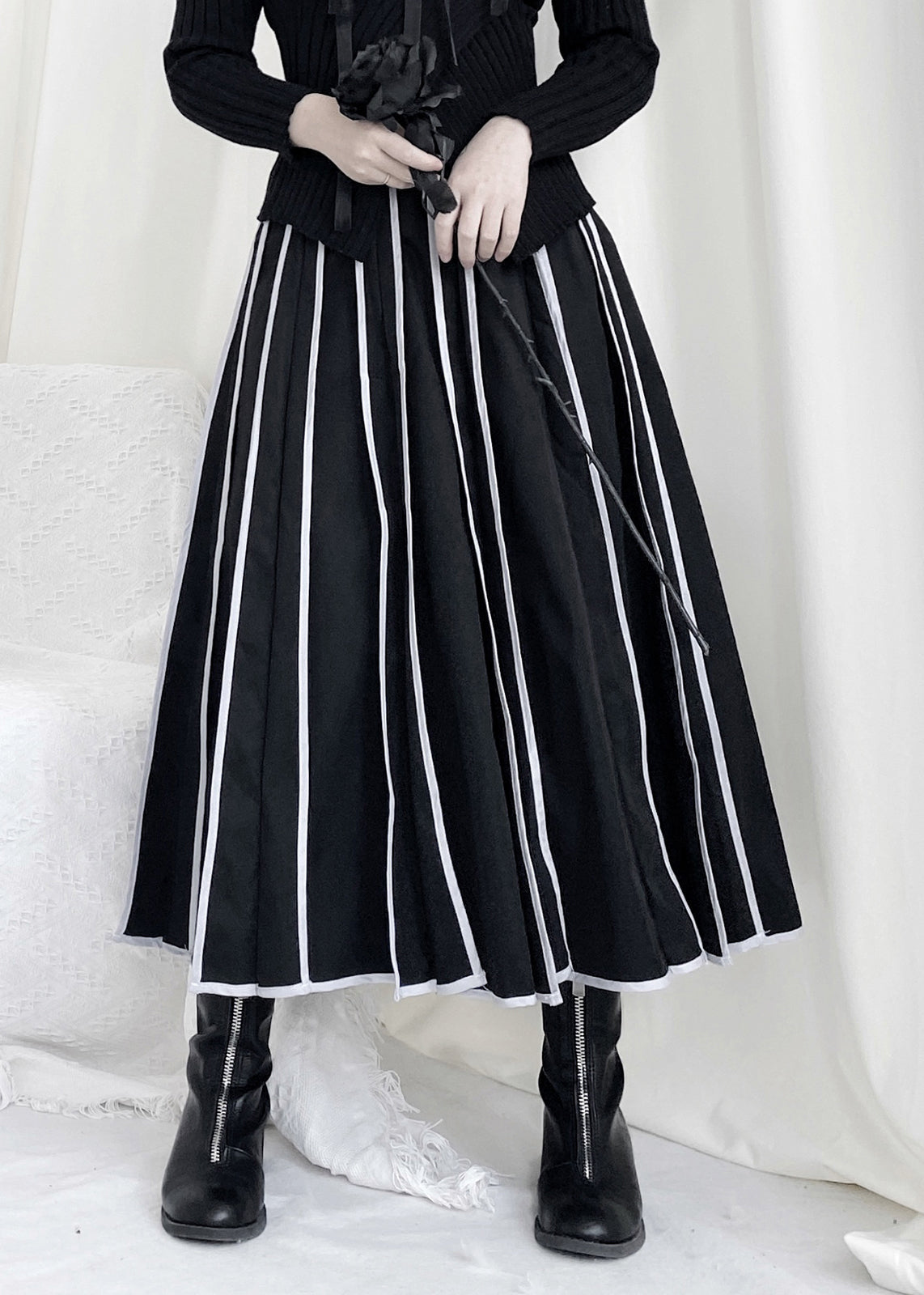 Black Striped Patchwork Elastic Waist a Line Skirt Fall