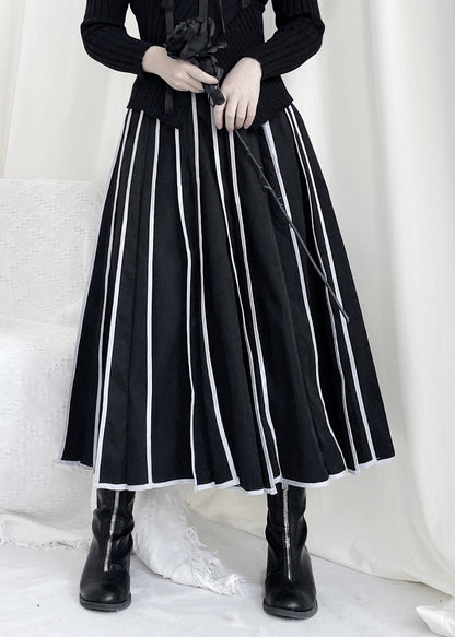 Black Striped Patchwork Elastic Waist a Line Skirt Fall