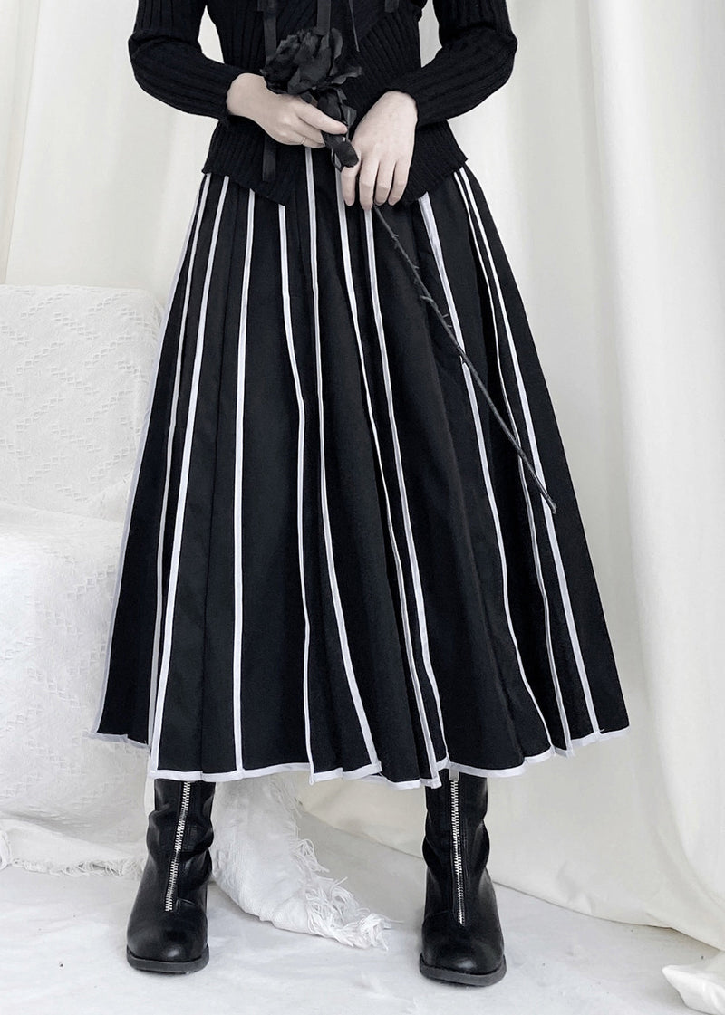 Black Striped Patchwork Elastic Waist a Line Skirt Fall