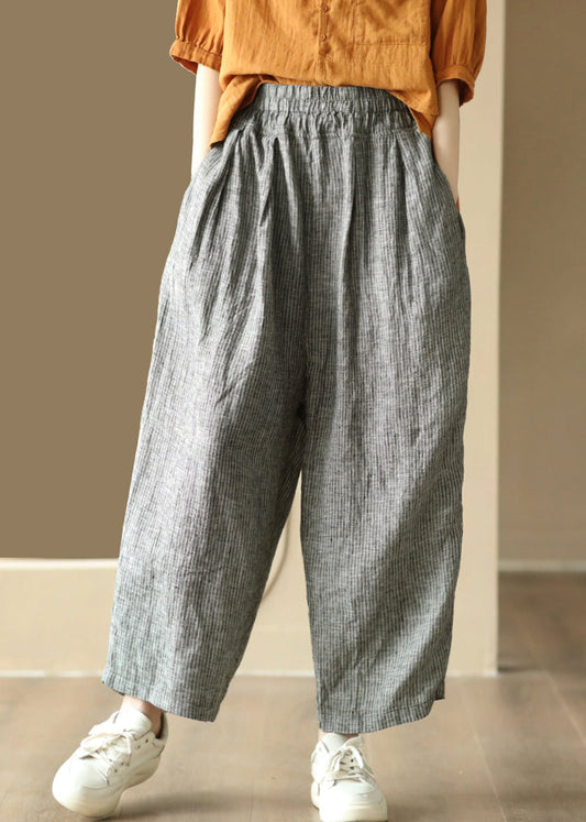 Black Striped Pockets Elastic Waist Linen Harem Pants Summer