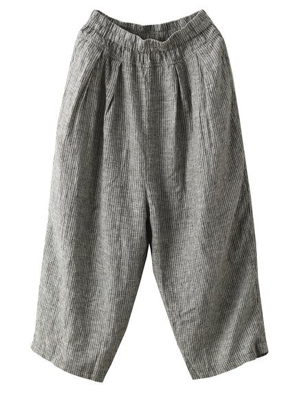 Black Striped Pockets Elastic Waist Linen Harem Pants Summer