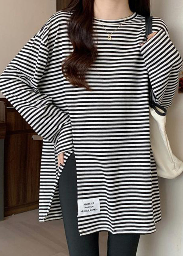 Black Striped Side Open Applique Cotton Shirt Spring