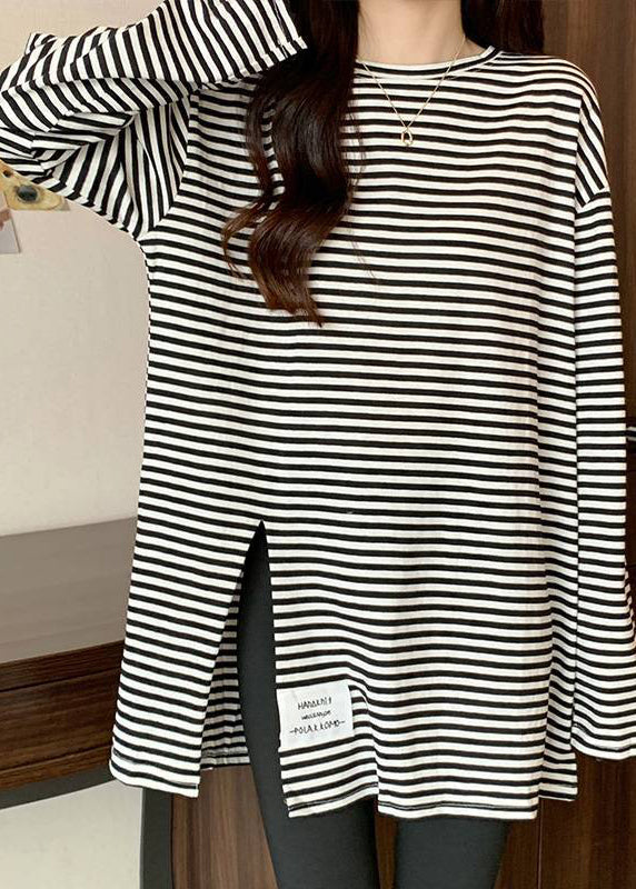 Black Striped Side Open Applique Cotton Shirt Spring