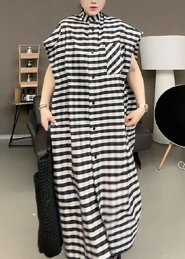 Black Striped Stand Collar Button Maxi Dress Short Sleeve