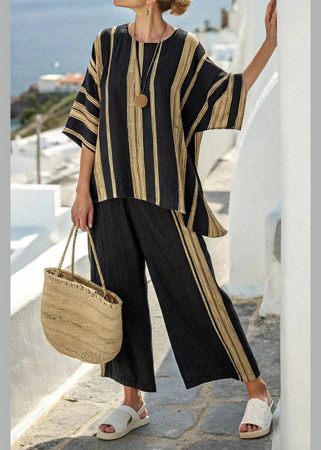 Black Striped T Shirts and Crop Pants Two Pieces Set Summer