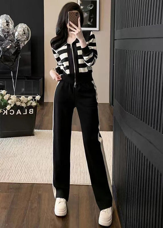 Black Striped Tops and Pants Cotton Two Pieces Set Spring