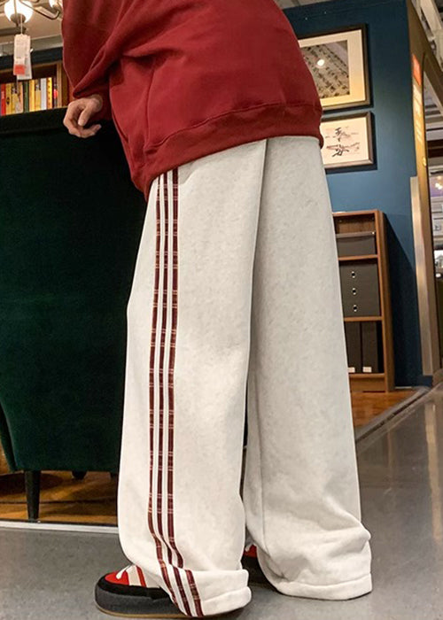 Black Striped Warm Fleece Pants Elastic Waist Spring