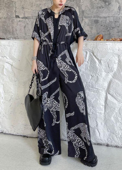 Black Summer Patchwork Wide Leg Print Chiffon Jumpsuit Pants