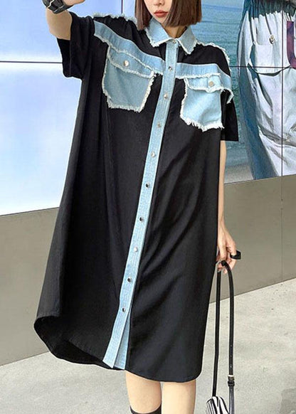 Black Summer Splicingpocke Patchwork Maxi Dresses Short Sleeve Cotton