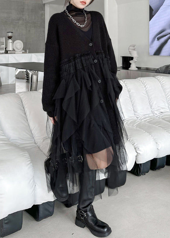 Black Tulle Patchwork Cotton Knit Maxi Sweater Dress Batwing Sleeve