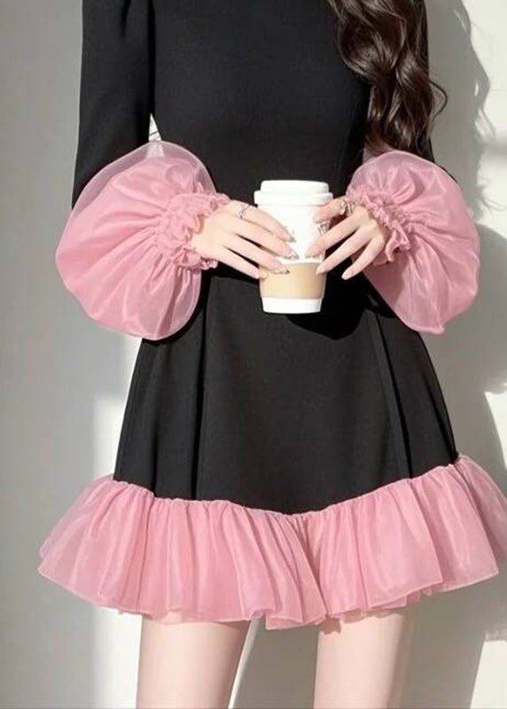 Black Tulle Patchwork Vacation Mid Dresses Puff Sleeve