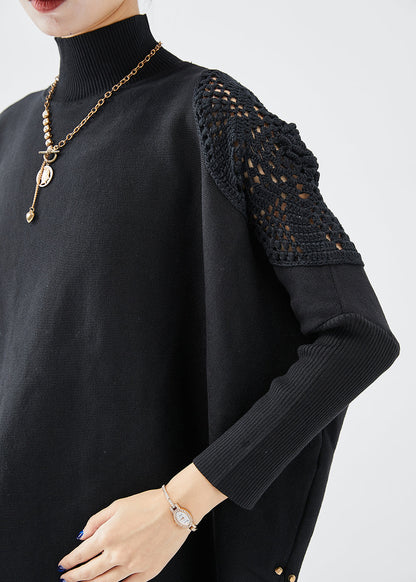 Black Turtle Neck Oversized Side Open Knit Top Fall