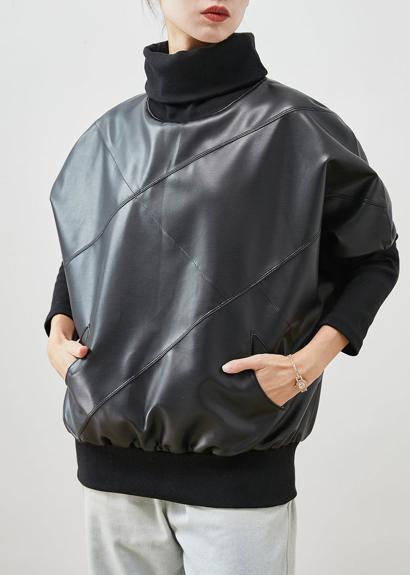 Black Turtle Neck Patchwork Sheepskin Sweatshirt Spring