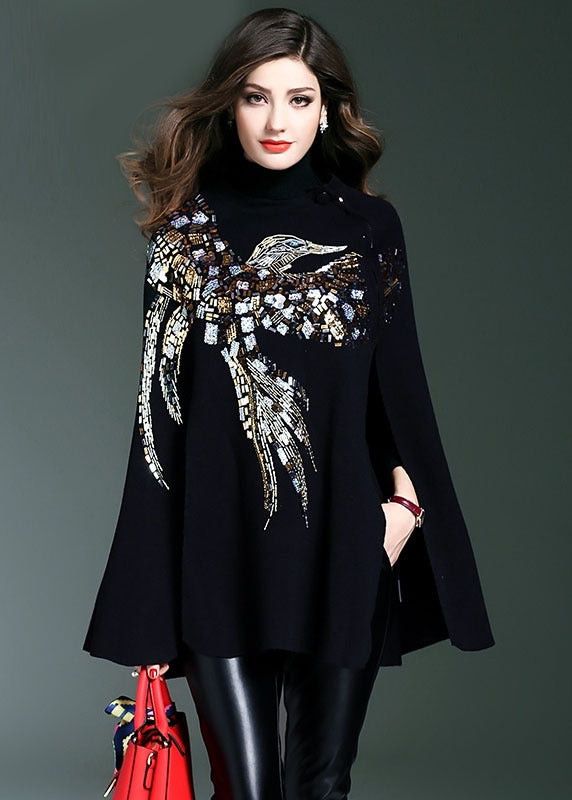 Black Turtle Neck Sequins Knit Sweater Cloak Sleeves