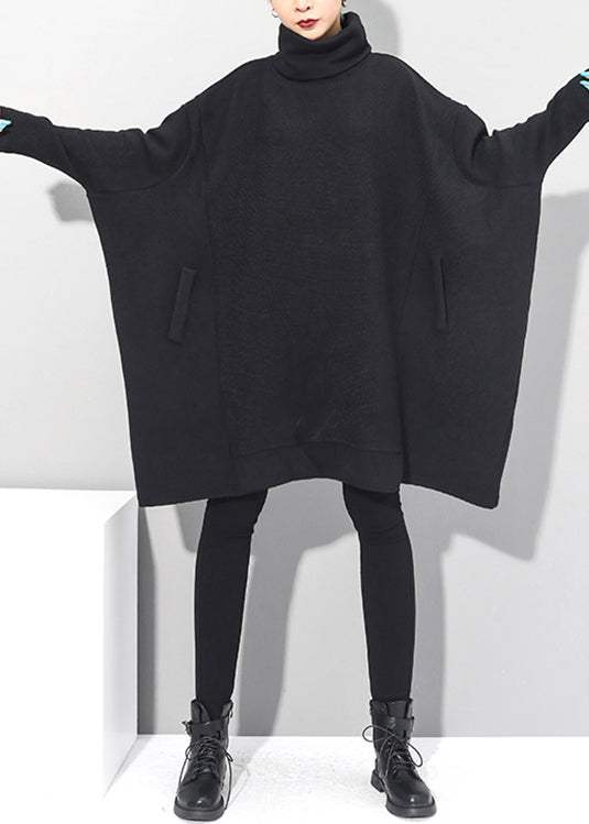 Black Turtleneck Knit Mid Dresses Batwing Sleeve