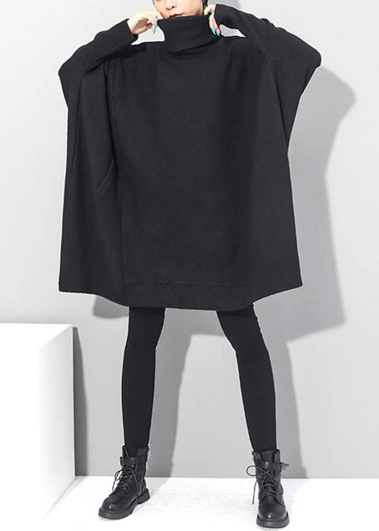 Black Turtleneck Knit Mid Dresses Batwing Sleeve